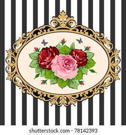 Classical black & gold victorian frame with rose bouquet, space for your text. Vintage rose bouquet illustration on black white background.