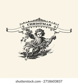 A classical black and white illustration of a winged cherub holding floral branches under an ornate Christmas banner ribbon.