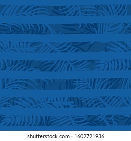 Classical blue color seamless pattern with stripe and palm leaves. Color of the year 2020. Texture for textile, packaging, wrapping paper etc. Vector illustration.