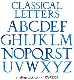 Classical blue watercolor font based on Renaissance sketch. Vintage architectural vector letters.