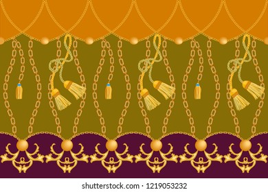 Classical border with baroque motifs. Seamless vector pattern with golden chains, curtain brushes and other decorative elements. Women fashion collection. Brown, yellow.