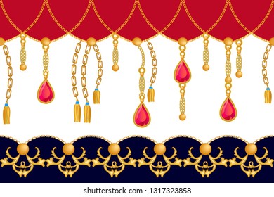 	
Classical border with baroque motifs. Seamless vector pattern with golden chains, ruby pendants and other decorative elements. Women fashion collection. Red, black, white.
