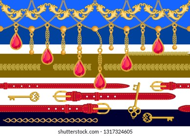 	Classical border with baroque motifs. Seamless vector pattern with golden chains, ruby pendants and other decorative elements. Women fashion collection. Red, black, blue white.