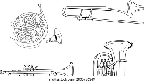 Classical Brass Musical Instruments Line Art Vector Icon Set Featuring French Horn Trombone Trumpet And Tuba For Symphony Orchestra Concert Designs.eps