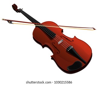 Classical brown violin with bow vector illustration.