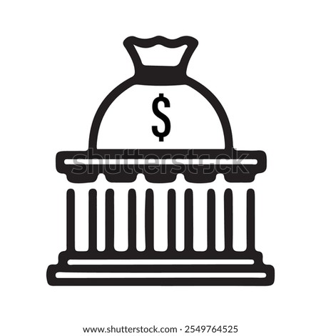 classical building with columns, resembling a bank, and a money bag with a dollar sign