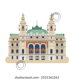 Classical building in Monte Carlo, luxury and aesthetics, happiness and disappointment, a game as life and a way to have fun, this is Monaco. Vector. Flat