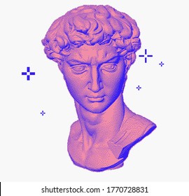 Classical bust sculpture. 3D rendering of Michelangelo's David head in pixel art retro 8-bit style. Retrowave and vaporwave aesthetics of 80's-90's.