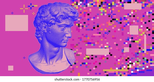 Classical bust sculpture. 3D rendering of Michelangelo's David head in pixel art retro 8-bit style. Retrowave and vaporwave aesthetics of 80's-90's.