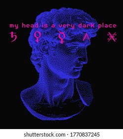 Classical bust sculpture. 3D rendering of Michelangelo's David head in pixel art retro 8-bit style. Retrowave and vaporwave aesthetics of 80's-90's.