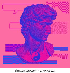 Classical bust sculpture. 3D rendering of Michelangelo's David head in pixel art retro 8-bit style. Retrofuturistic vaporwave aesthetics of 80's-90's.