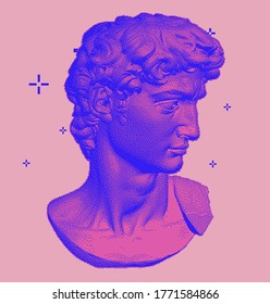 Classical bust sculpture. 3D rendering of Michelangelo's David head in pixel art retro 8-bit style. Retrowave and vaporwave aesthetics of 80's-90's.