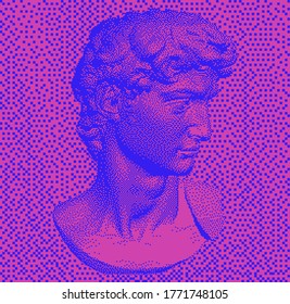 Classical bust sculpture. 3D rendering of Michelangelo's David head in pixel art retro 8-bit style. Retrofuturistic vaporwave aesthetics of 80's-90's.