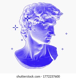 Classical bust sculpture. 3D rendering of Michelangelo's David head in pixel art retro 8-bit style. Retrowave and vaporwave aesthetics of 80's-90's.