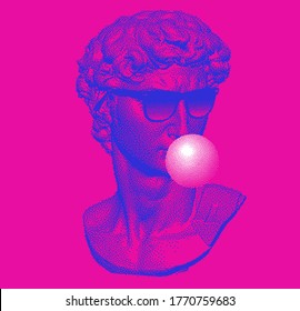 Classical Bust Sculpture Chewing Bubblegum And Wearing Sunglasses. 3D Rendering Of Michelangelo's David Head In Pixel Art Retro 8-bit Style. Retrowave And Vaporwave Aesthetics Of 80's-90's.