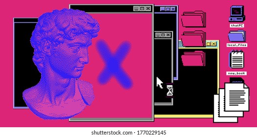 Classical bust sculpture with user interface elements. 3D rendering of Michelangelo's David head in pixel art retro 8-bit style. Retrowave and vaporwave aesthetics of 80's-90's.