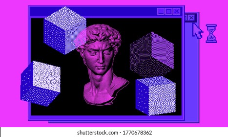 Classical bust sculpture with user interface elements. 3D rendering of Michelangelo's David head in pixel art retro 8-bit style. Retrowave and vaporwave aesthetics of 80's-90's.