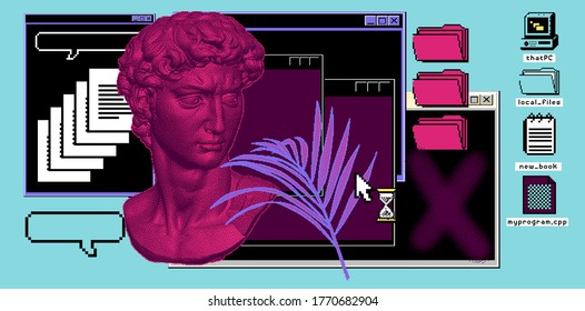 Classical bust sculpture with user interface elements. 3D rendering of Michelangelo's David head in pixel art retro 8-bit style. Retrowave and vaporwave aesthetics of 80's-90's.