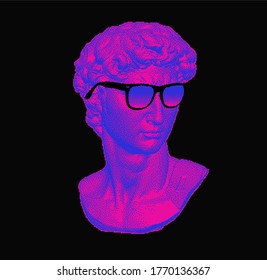 Classical bust sculpture wearing sunglasses. 3D rendering of Michelangelo's David head in pixel art retro 8-bit style. Retrowave and vaporwave aesthetics of 80's-90's.