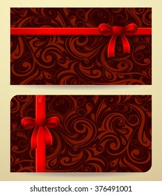 Classical card design with ornamental backdrop with bow and ribbons. Template for gift cards, discount cards, vouchers and coupons.