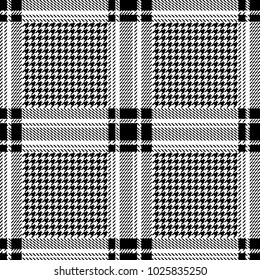 Classical checkered hounds tooth print for suits and coats. Seamless vector pattern with black geometric elements. Textile design with English motifs. Winter collection.