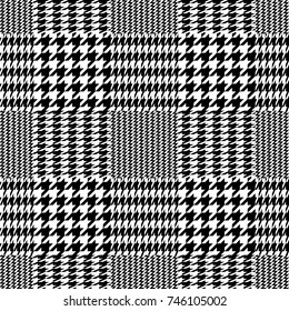 Classical checkered hounds tooth and zig zag print. Seamless vector pattern with black and white geometric elements. Textile design with English motifs. Autumn collection.