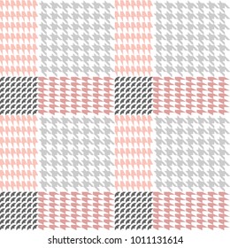 Classical checkered irregular hounds tooth print with English motifs. Seamless vector pattern with grey and beige geometric elements. Textile design with English motifs. Winter collection.