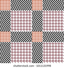 Classical checkered irregular hounds tooth print with English motifs. Seamless vector pattern with black and beige geometric elements. Textile design with English motifs. Winter collection.