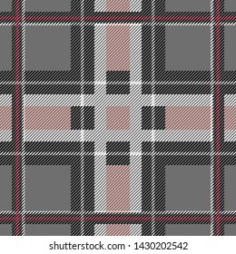 Classical checkered print with elegant color palette. Seamless vector pattern with crossed stripes. Simple design for shirts, plaids, dresses and other textile items. On grey background.
