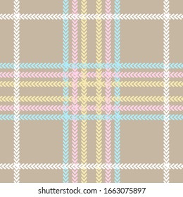 Classical checkered print with herringbone elements. Seamless textile pattern. Template for scarves, plaids, shirts, napkins. Beige, white.