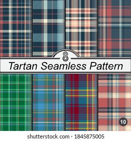 Classical checkered tartan pattern. Set seamless abstract colored background with intersecting stripes. Scottish cage. Print for flyers, shirts and textiles. Vector graphics.