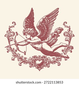 Ein klassischer Cherub mit Flügeln zielt auf seinen Bogen und Pfeil, eingerahmt von aufwändigen Scrollarbeiten und einem Herzemblem, das Romantik und Vintage-Kunst hervorruft.