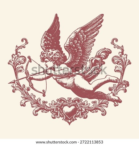 A classical cherub with wings aims its bow and arrow, framed by intricate scrollwork and a heart emblem, evoking romance and vintage artistry.