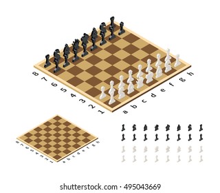 Classical chessboard with chess figures in isometric view isolated on white