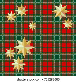 Classical Christmas background. Seamless checkered pattern with golden stars. Trendy design for textile and presents packaging. Red, green, white palette.