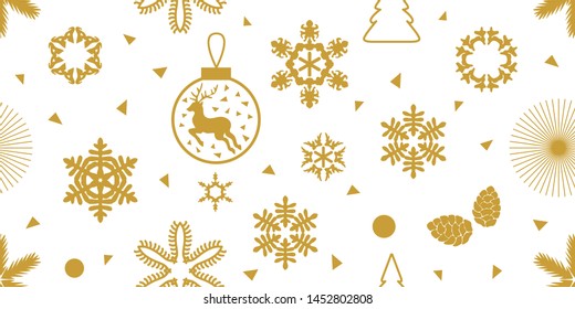 Classical Christmas seamless pattern with trendy geometric motifs. Golden snowflakes and decorations with different ornaments. Retro design collection. On white background.
