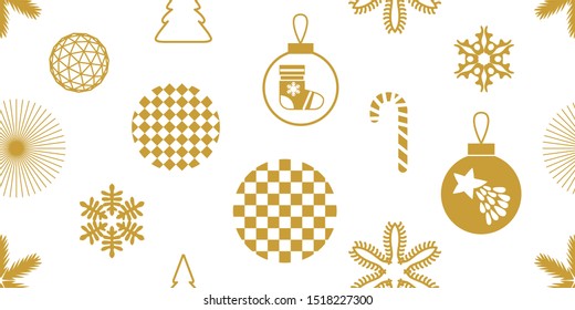 	
Classical Christmas seamless pattern with trendy geometric motifs. Golden snowflakes, circles and festive decor. Retro design collection. On white background.