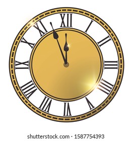 Classical clock dial with two arrows in separate layers. Isolated on white, design template element. Golden light effect, vector illustration.