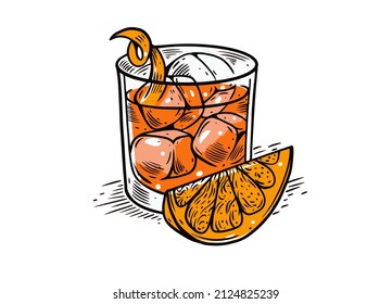 Classical cocktail orange drink. Negroni or Old Fashioned. Engraving colorful style. Vector drink illustration.