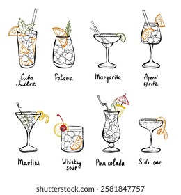 Classical cocktails crayon minimalist drawings. Modern simple drinks collection