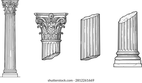 Classical column collection, ancient architecture elements, Corinthian stone pillars, engraved vector illustration historical design bundle