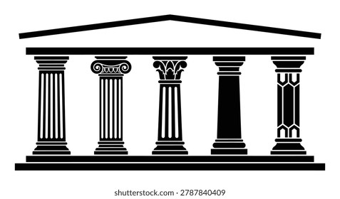 Classical column silhouettes with architectural entablature and five pillar concept silhouette