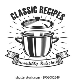 Classical cooking lesson label design. Monochrome element with open saucepan vector illustration with text on ribbon. Workshop and course from chef concept for stamps and emblems templates