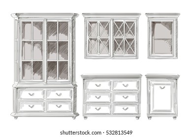 Classical cupboards vector isolated sketch hand drown sketch doodles, store, apartment, promotion, sale, ads