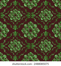 Clásica damasco verde floral sin patrón, Fondo de pantalla en el estilo antiguo de barroco, fondo, patrón gráfico de lujo para la tela, alfombra, embalaje, Ilustración vectorial para el diseño textil elegante