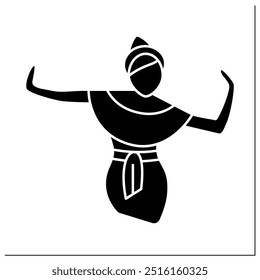 Symbol für klassische Tanzsymbole. Anmutige Körperbewegungen und aufwändige Kostüme. Verschiedene Tänze khon,ram wong, Schattenpuppe.Thailand. Gefülltes, flaches Schild. Isolierte Silhouette, Vektorgrafik