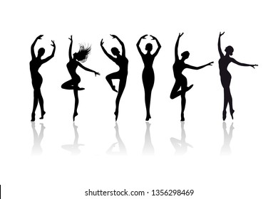 Classical dancer silhouettes. Dancing woman. Jumping and dancing ballerinas set isolated on white background. 