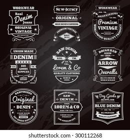 Classical denim jeans black chalkboard typography emblems limited edition graphic design icons collection abstract isolated vector illustration