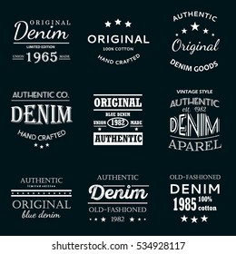 Classical denim jeans typography logo emblems limited edition graphic design icons collection abstract isolated vector. Clothing print graphic label typography denim logo. Authentic classic denim.