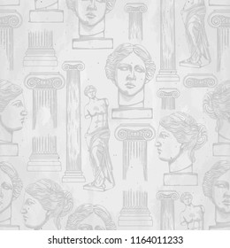 Classical design with ancient ionic order column and Venus Milos statues. Vector seamless pattern in engraving 